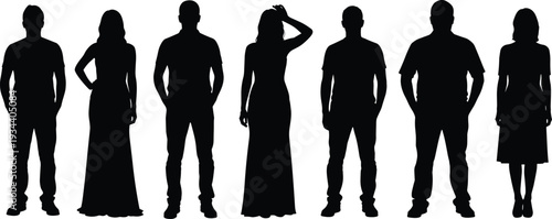 Collection of male and female standing silhouettes isolated on white background, full length black human figures, diverse people, fashion, identity and social concept