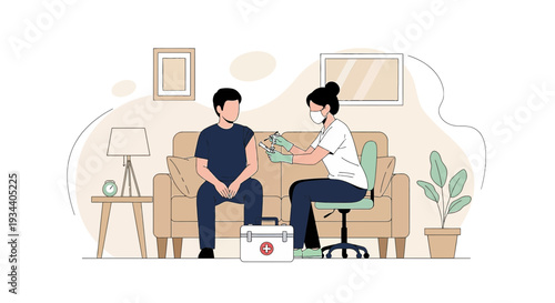 Doctor Giving Vaccine Injection to Patient at Home - Medical Care Illustration