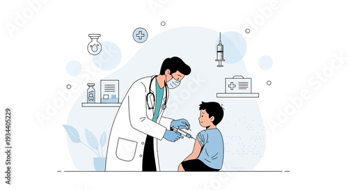 Doctor giving vaccination injection to child patient, medical illustration, healthcare concept