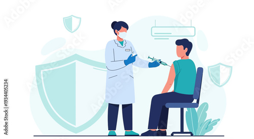 Doctor giving vaccination injection to patient, healthcare concept, protection shields