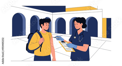 Doctor Giving Vaccine to Young Man with Backpack, Healthcare Illustration