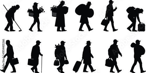 Collection of traveler silhouettes carrying luggage, bags and personal belongings, diverse walking people isolated on white background, migration, journey, travel lifestyle concept illustration