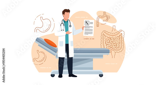 Doctor Holding Prescription in Examination Room with Digestive System Illustrations