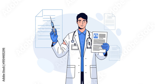 Doctor Holding Syringe and Medical Chart, Healthcare Concept