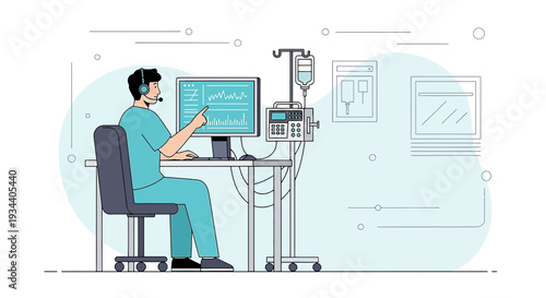 Doctor Monitoring Medical Equipment and Patient Data on Computer Screen