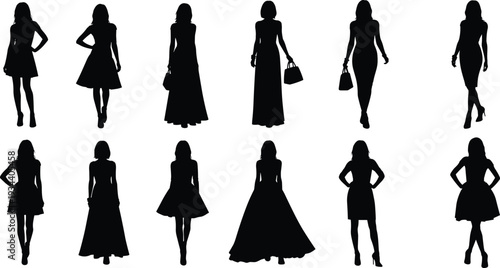 Collection of twelve women silhouette illustrations in various dress styles and poses, including cocktail dresses, evening gowns, handbags, perfect for fashion design, modeling, and style concepts