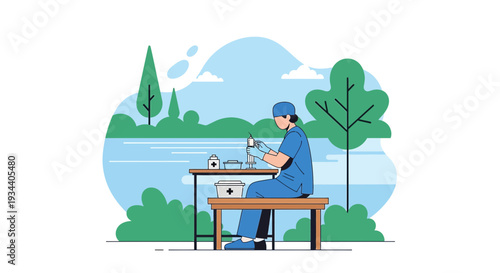 Doctor Outdoors Preparing Medical Supplies by Lakeside