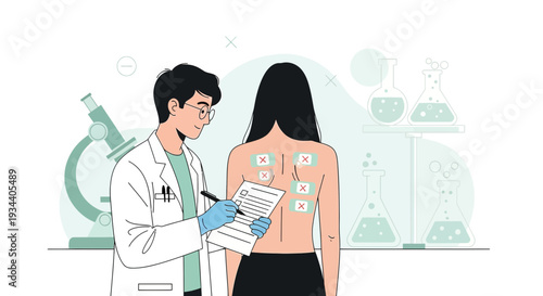 Doctor Performing Allergy Skin Test on Patient with Patches on Back