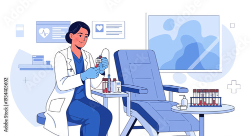 Doctor Preparing Injection in Medical Clinic with Blood Test Tubes and IV Drip