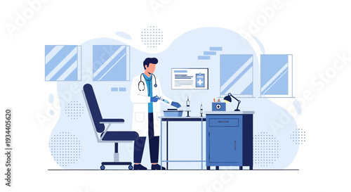 Doctor preparing injection in medical office, healthcare and treatment illustration