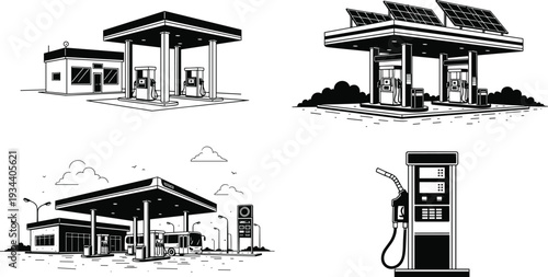 Modern Gas Station and Fuel Pump Collection with Solar Panel Canopy and Bus Refueling Monochrome Line Art Illustration