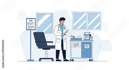 Doctor preparing injection in modern clinic room, medical examination and treatment