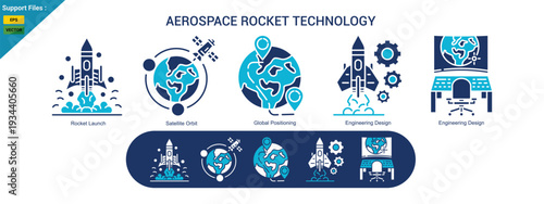 aerospace rocket technology  icons including rocket launch, satellite orbit, global positioning, engineering design, and ground control system.  two color icon set