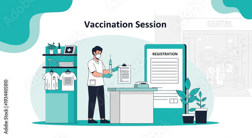 Doctor Preparing Vaccine Injection at Vaccination Session Desk with Registration