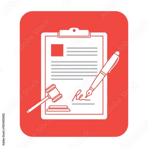 Legal document signed with pen and gavel on clipboard
