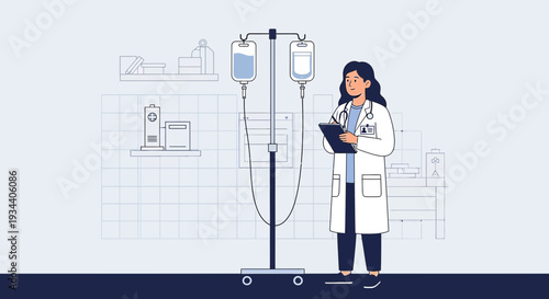 Doctor with IV Drip Bags and Medical Equipment - Healthcare Illustration