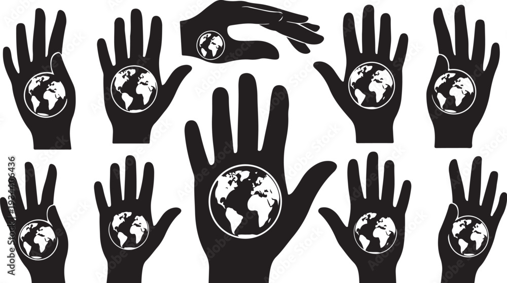 Fototapeta premium Multiple hands holding the Earth globe in black silhouette