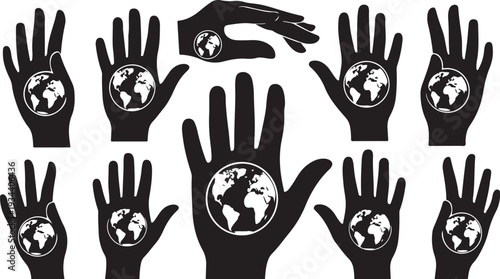 Multiple hands holding the Earth globe in black silhouette