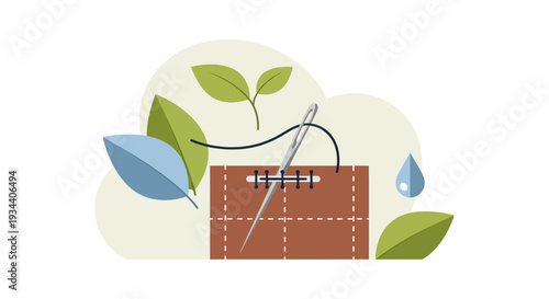 Sustainable Fashion and Textile Crafting Concept with Natural Elements. Eco-Friendly Clothing Production, Repair, and Upcycling Illustration.