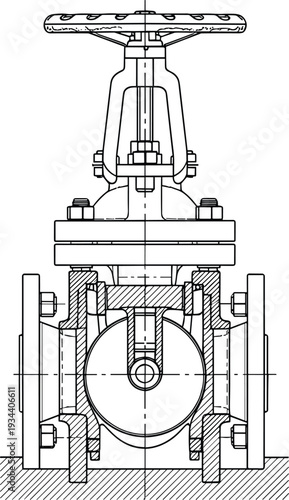 Industrial Gate Valve Cross Section Technical Drawing with Internal Components and Mechanical Engineering Details in Monochrome Line Art Style