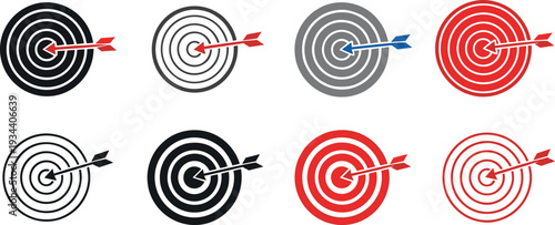 Bullseye target icon set with arrows, business goal achievement concept, marketing strategy objective symbols, colorful circular dartboard icons, vector illustration