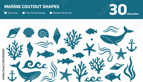 Marine cutout shapes set with sea animals and coral silhouettes