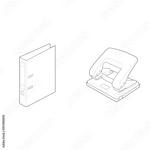 Isometric lever arch binder and two hole punch technical blueprint