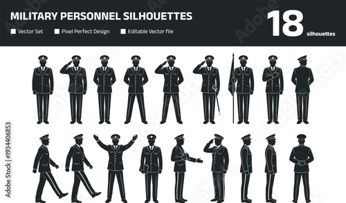 Military officer silhouettes set with commander in dress uniform poses