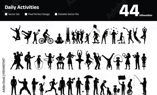 People silhouette set showing various hobbies sports and daily activities