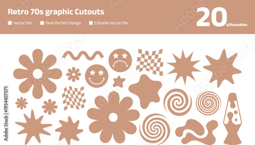 Retro 70s graphic cutouts set with groovy flower and smiley silhouettes