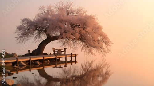 sunset and sakura tree over the river
