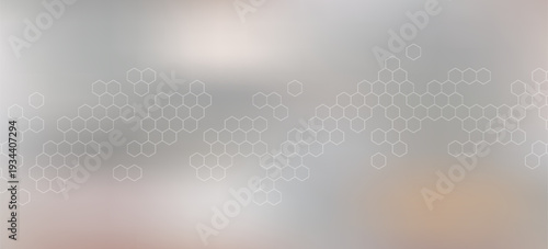 Futuristic technological background featuring subtle white hexagon outlines (honeycomb) over a soft blurred grey and neutral gradient. Ideal for tech presentations and corporate headers.