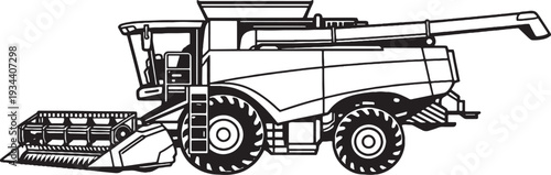 Agricultural Combine Harvester Machine Line Art Vector Side View