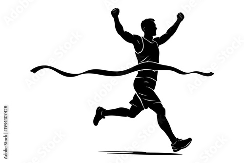 Silhouette of young caucasian male runner crossing finish line with arms raised.