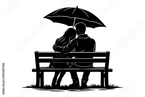 Silhouette of couple sheltering under umbrella on park bench.