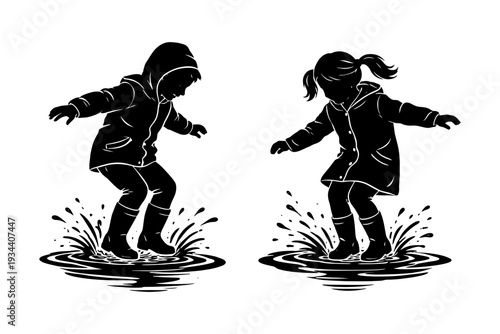 Silhouette of children playing in puddles: fun, splashing, rainy day, boys, girls.