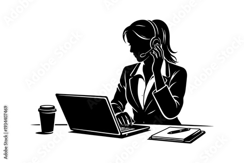 Female customer service representative silhouette working on laptop with coffee and notebook.