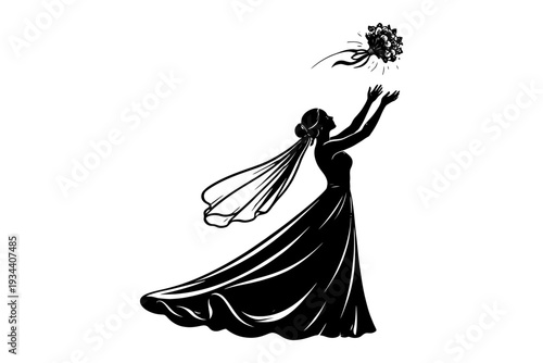 Silhouette of female bride tossing bouquet in wedding gown.