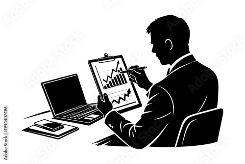 Silhouette of adult caucasian male analyzing business charts on laptop and clipboard.