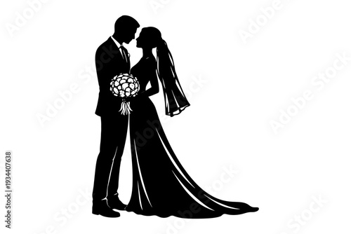 Silhouette of bride and groom embracing: wedding romance theme.