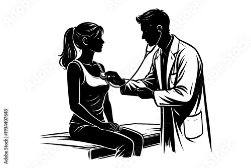 Doctor examines female patient with stethoscope in medical illustration.