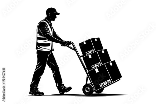 Silhouette of male worker pushing hand truck with boxes.