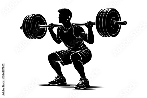 Male weightlifter silhouette performing squat with barbell.