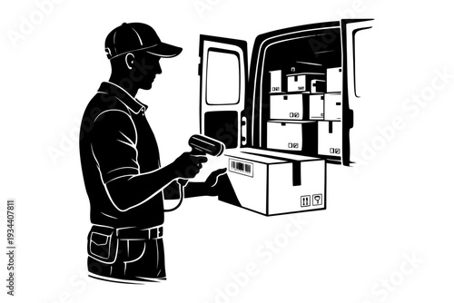 Male delivery worker scanning package in van illustration.