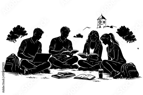 Group of diverse young adults studying outdoors in black and white artwork.