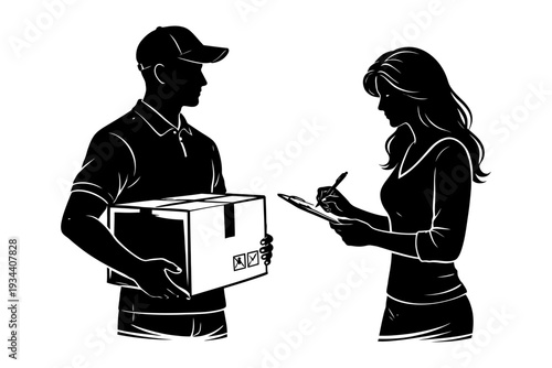 Courier delivery to customer concept with male and female silhouettes.