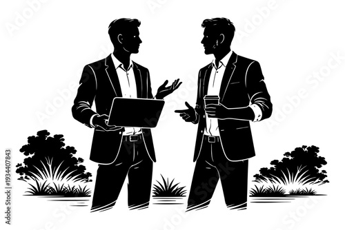 Silhouette of young caucasian males discussing business outdoors with laptop and coffee.