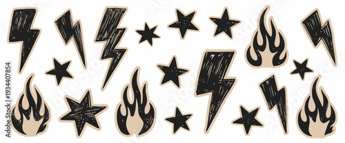 Scrapbook crayon lightning, fire, and star doodles, scribbly texture elements, pastel punk rock style, torn craft paper vector illustration.
