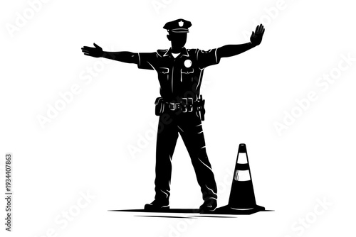 Silhouette of male police officer directing traffic with safety cone.
