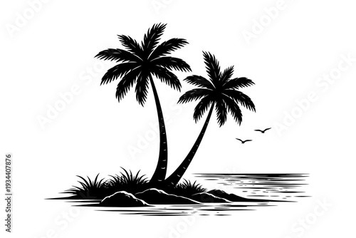 Black silhouette of tropical palm trees with birds by seaside.